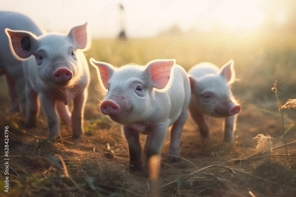 Happy pigs roaming free on farm meadow and mud. Farm animal welfare and care. Generative Ai Happy pigs roaming free on farm meadow and mud. Farm animal welfare and care. Generative Ai
