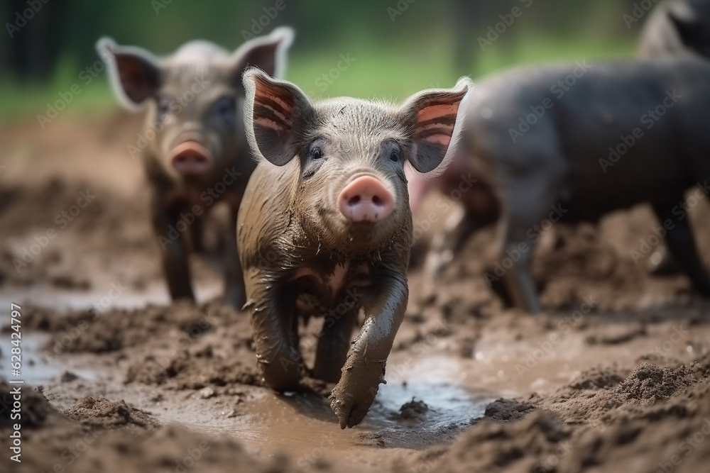 Happy pigs roaming free on farm meadow and mud. Farm animal welfare and care. Generative Ai Happy pigs roaming free on farm meadow and mud. Farm animal welfare and care. Generative Ai