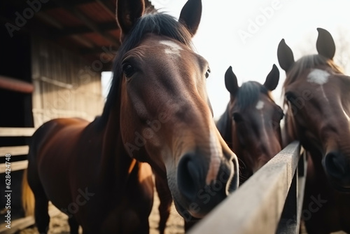 Happy horses roaming free on farm meadow. Farm animal welfare and care. Generative Ai © marcin jucha