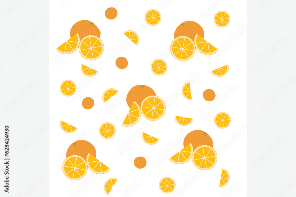 Realistic orange’s seamless pattern. Flat design. Fruit, healthy vegan food wallpaper. Orange, Vector illustration.