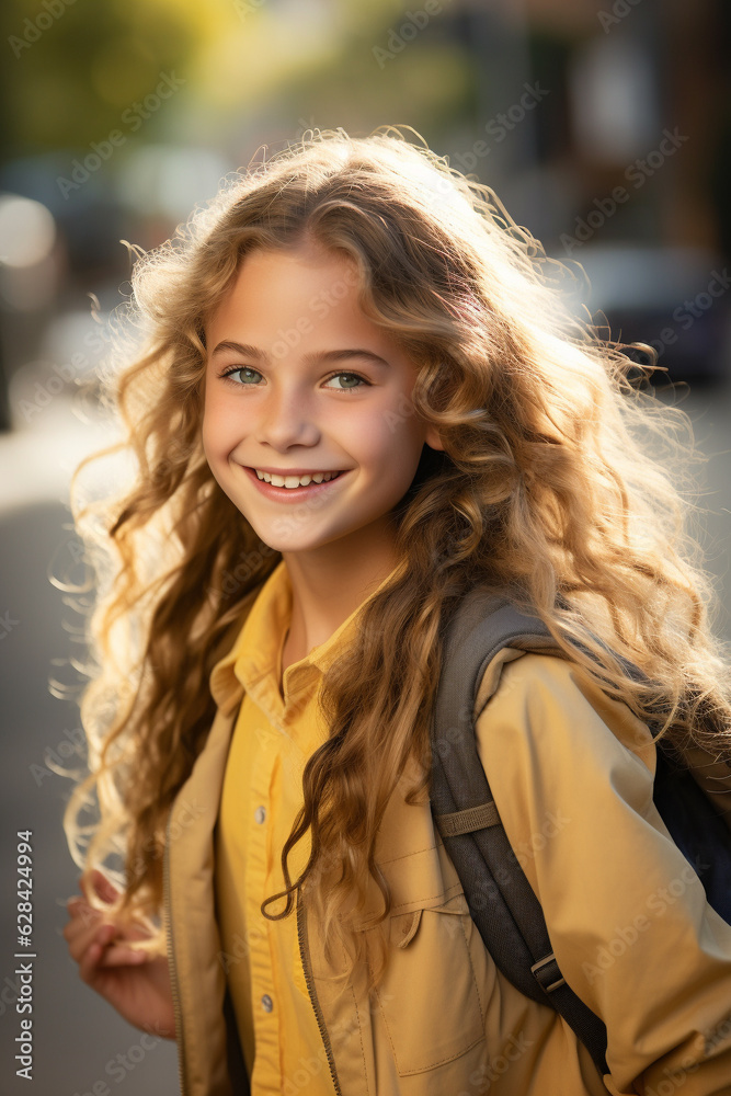 Back to school happy, young girl with backpack smilling. Generative AI Back to school happy, young girl with backpack smilling. Generative AI