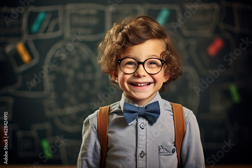 Happy young boy standing in classroom, back to school and education concept. Generative AI