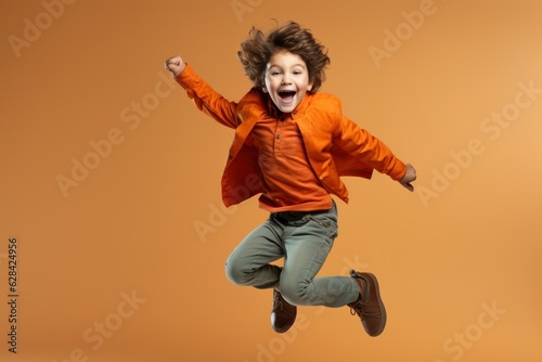 A playful fictional child smiling and jumping. Isolated on a plain background. Generative AI.