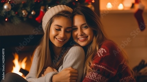 A young couple of lesbian lovers hugging near the fireplace at Christmas. Friendship and homosexual relationships Generative AI