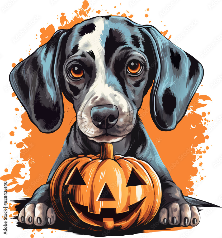 vector cute dog with hat. smiling halloween pumpkins with dog