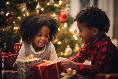 Happy kids opening together Christmas gifts and presents under Christmas tree. Generative AI