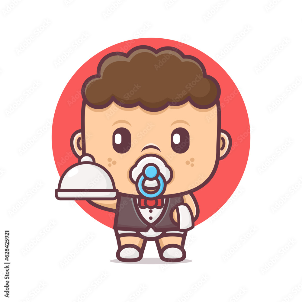 cute waiter baby cartoon character vector illustration