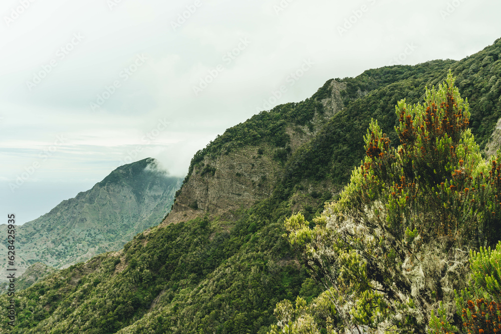View of rocky steep volcanic mountains valley in moody day on atlantic island