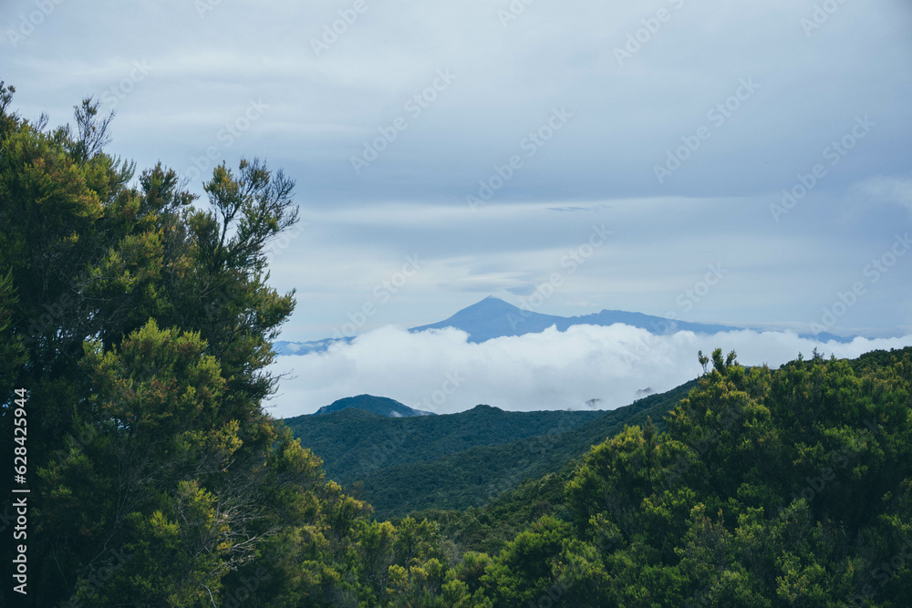 Peak of volcano mountain above the clouds on island and vegetation forest around