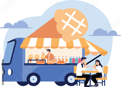 Hand Drawn Food Truck or Street Food in flat style