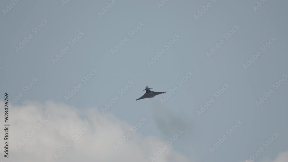 Fast fighter jet during high speed combat maneuvers with clouds Fast fighter jet during high speed combat maneuvers with clouds