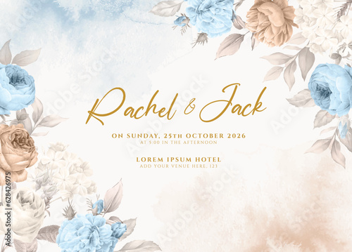 Watercolor wedding invitation template set with romantic blue brown floral and leaves decoration