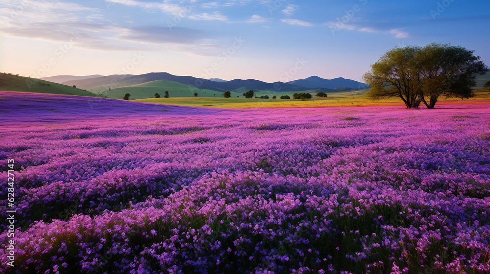 a field full of purple flowers with a hill