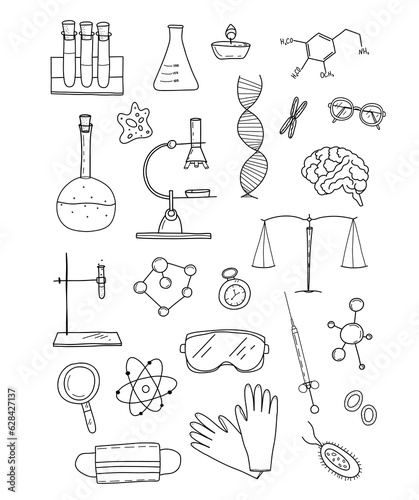 a set of elements from different sciences. doodle style illustrations. concept of learning and education. on a white background