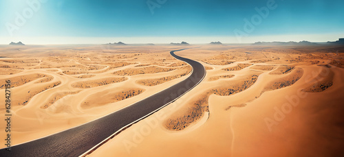 illustrazione con strada che serpeggia e si perde all'orizzonte in un deserto di dune e sabbia, cielo azzurro e limpido, vista dall'alto photo