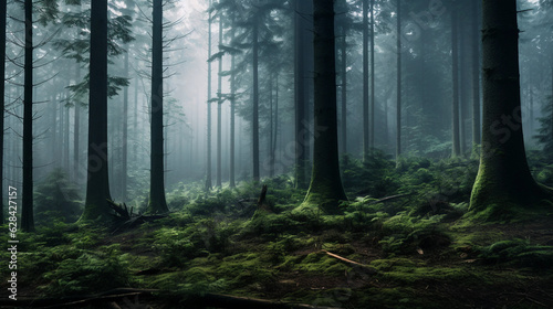 a forest filled with lots of tall trees and lots of fog