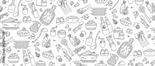 Fotografia Vegetables and kitchenware on white background seamless pattern
