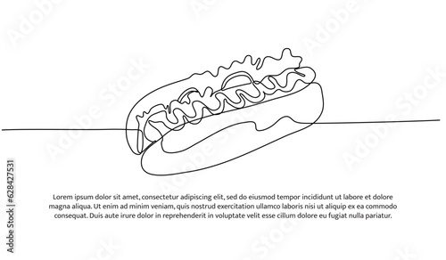 Hot dog one continuous line design. Restaurant food menu design concept. Decorative elements drawn on a white background.