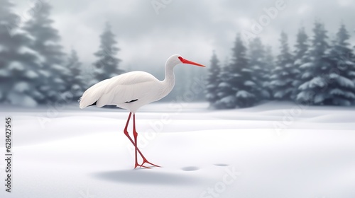 white crane stands in the snow