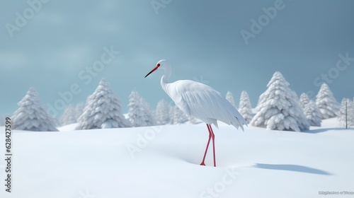 white crane stands in the snow