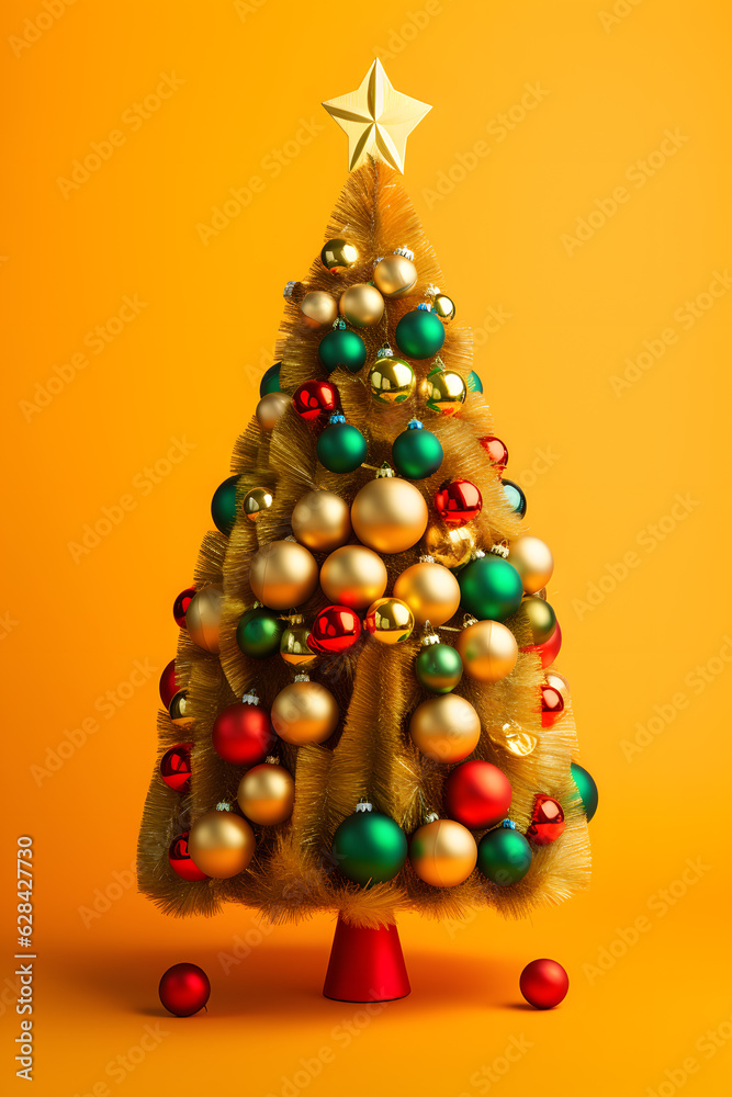 Christmas tree decorated with various gifts on a red background. Conceptual New Year's greeting card design and sale banner.