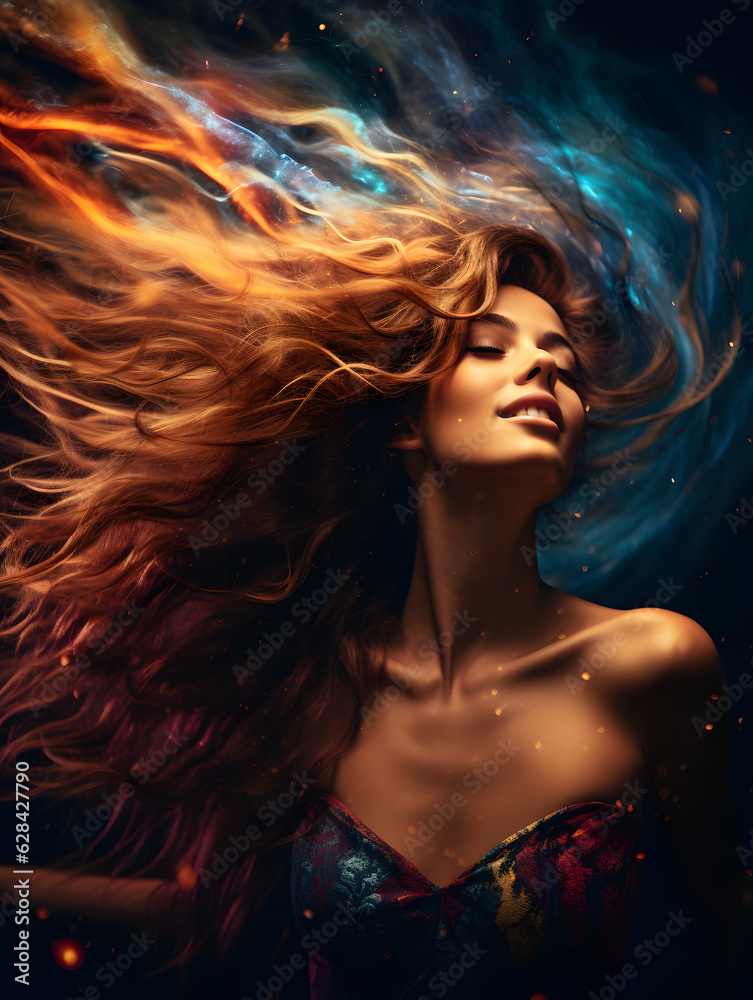 Fine art photography with a Photoshopped galaxy intertwined in a beautiful woman’s long, flowing hair. Galaxy is swirling and moving with colorful sparks of light against a deep blue background.