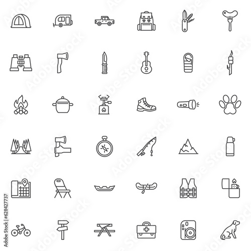 Camping and hiking line icons set