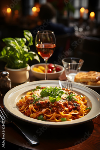Delicious rustic traditional italian pasta tagliatelle with parmesan cheese and basil on old table with dark background showing cozy atmosphere in restaurant