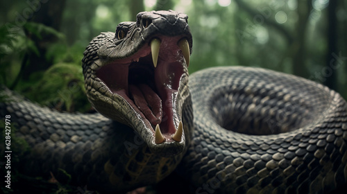 a large snake with its mouth open and its tongue out photo