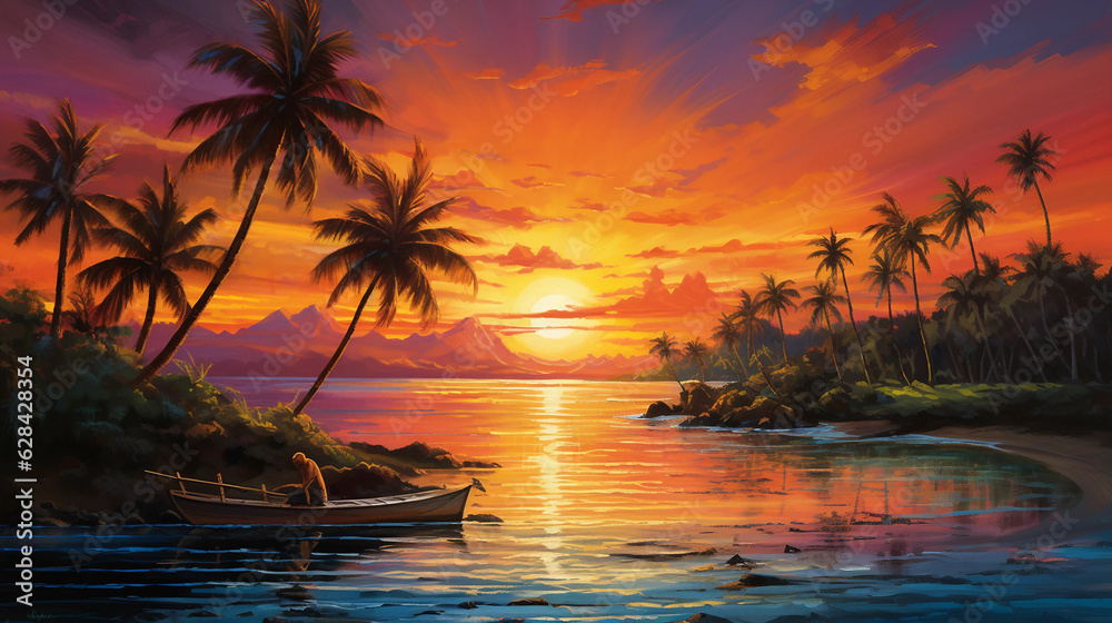 a painting of a sunset with palm trees and the ocean  - obrazy, fototapety, plakaty 