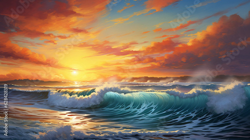 a painting of a sunset over the ocean with waves crashing
