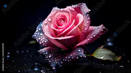 a pink rose with drops of water on its petals and a dark