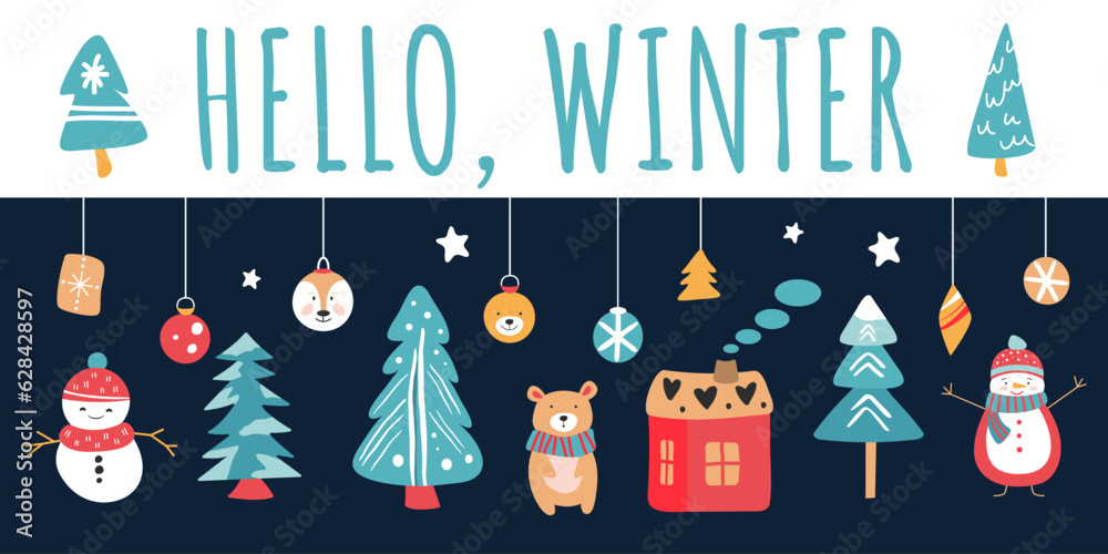 Hello, winter! Illustration with vector Christmas elements in handdrawn style. Snowman, tree and pines, hat, bear, decorations, snowflakes. Hello, winter! Illustration with vector Christmas elements in handdrawn style. Snowman, tree and pines, hat, bear, decorations, snowflakes.