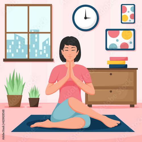 Illustration of woman practicing yoga at home