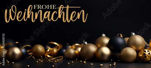 Frohe Weihnachten, festliche Grußkarte mit deutschem Text – Goldene und schwarze Christbaumkugeln auf Tisch Textur (Generative Ai)