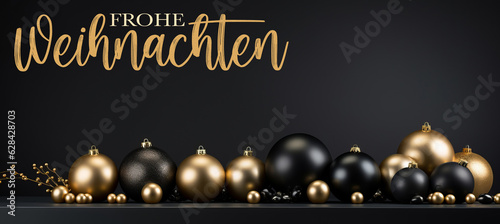 Frohe Weihnachten, festliche Grußkarte mit deutschem Text – Goldene und schwarze Christbaumkugeln auf Tisch Textur (Generative Ai) © Corri Seizinger