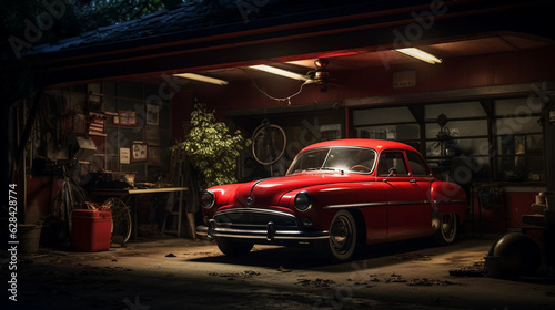 a red car parked in a garage with its lights © HuddaimaZahra