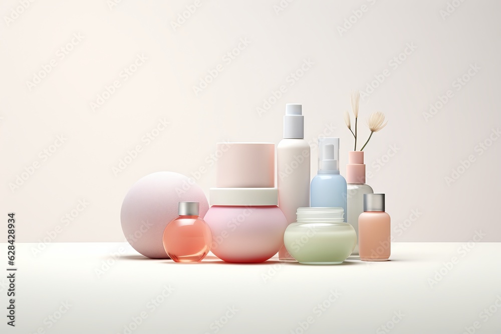 delicate pale pink and blue cosmetics packaging container for skincare, fragrance or toiletry industries on pastel background. Beauty product mock-up. Store shelf. Generative AI technology delicate pale pink and blue cosmetics packaging container for skincare, fragrance or toiletry industries on pastel background. Beauty product mock-up. Store shelf. Generative AI technology