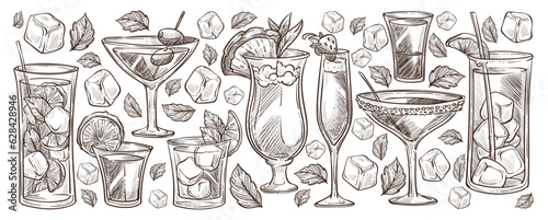 Cocktails and alcoholic beverages monochrome set