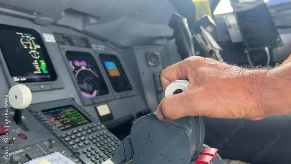A jet cabin inner view, Captain side, deccelerating the plane during the approach to reduce speed. Close un view, low angle. A jet cabin inner view, Captain side, deccelerating the plane during the approach to reduce speed. Close un view, low angle.