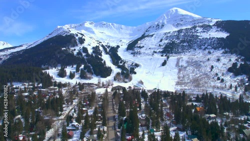 Aerial view of Alyeska Resort and ski slopes in the mountains of Girdwood Alaska. 4k drone. photo