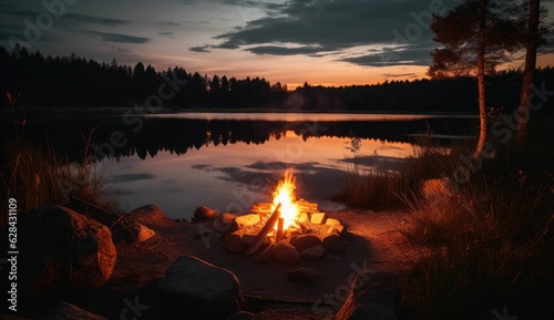 Tourists sit by the fire evening