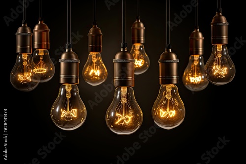 vintage glowing light bulbs on black background