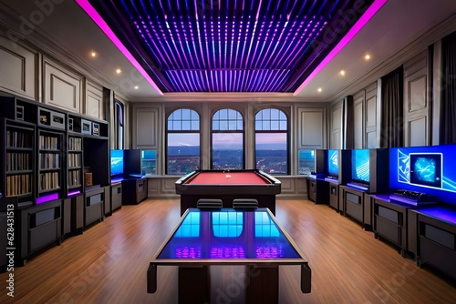 a game room decorated with colourful LED lights, in the style of dark violet and dark gray, schizocore, nerdcore, studyplace, whirly, weathercore, rainbowcore  photo