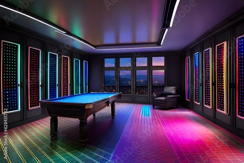a game room decorated with colourful LED lights, in the style of dark violet and dark gray, schizocore, nerdcore, studyplace, whirly, weathercore, rainbowcore  photo