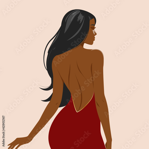 Vector illustration, pretty young african woman with long dark hair in elegant sexy dress with bare back and shoulders.
