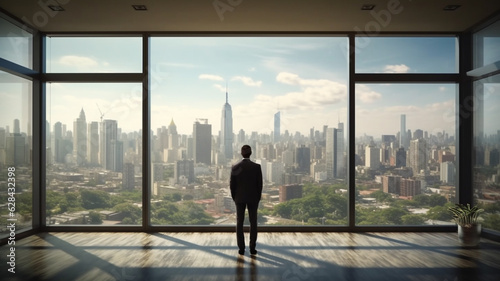 Businessman standing in office room, in front of big window, watch downtown below, AI generated.