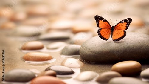 Butterfly On Spa Massage Stones In Zen Garden 