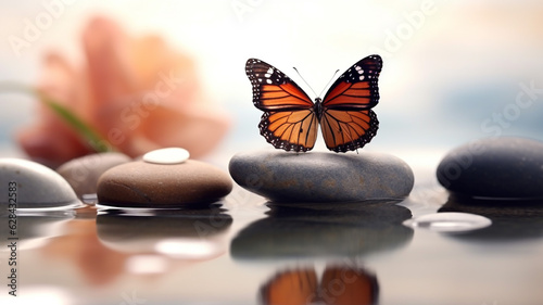 Butterfly On Spa Massage Stones In Zen Garden 