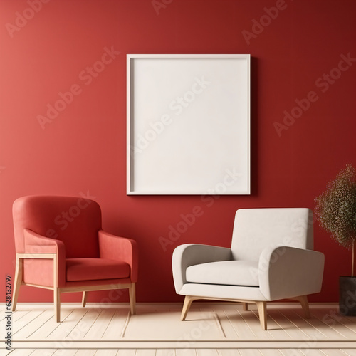 Mock up frame in home interior background, red room with minimal decor - Generative AI